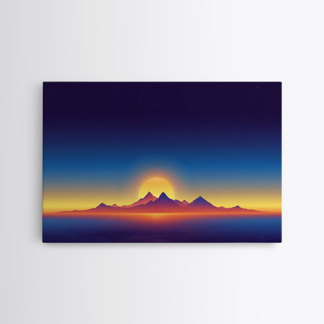 Minimal Island Sunrise Canvas Print, Retro Sunset Poster, Blue Yellow Ocean Landscape Wall Decor, Modern Home Art Gift Print