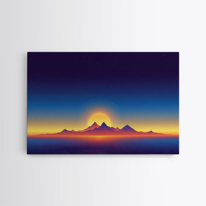 Minimal Island Sunrise Canvas Print, Retro Sunset Poster, Blue Yellow Ocean Landscape Wall Decor, Modern Home Art Gift Print