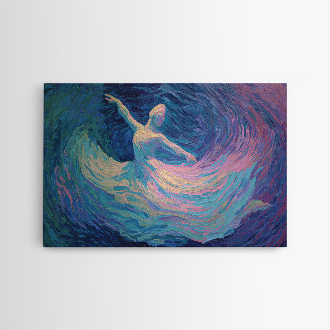 Swirling Ballerina Dancer Framed Canvas Print, Blue Purple Impressionist Wall Art, Romantic Fine Art For Bedroom Decor Gift