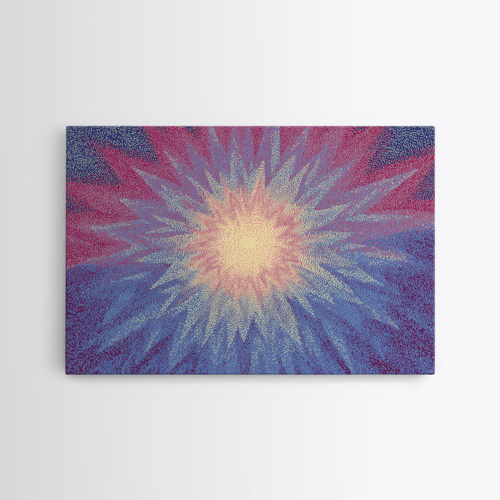 Pink And Blue Radiant Starburst Wall Art, Midcentury Modern Abstract Sun Print, Psychedelic Pointillism Decor Poster For Bedroom