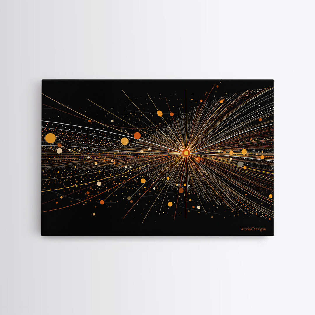 Golden Starburst Lines And Dots Canvas Print, Modern Abstract Art, Atomic Retro Wall Art Decor For Living Room Home Office
