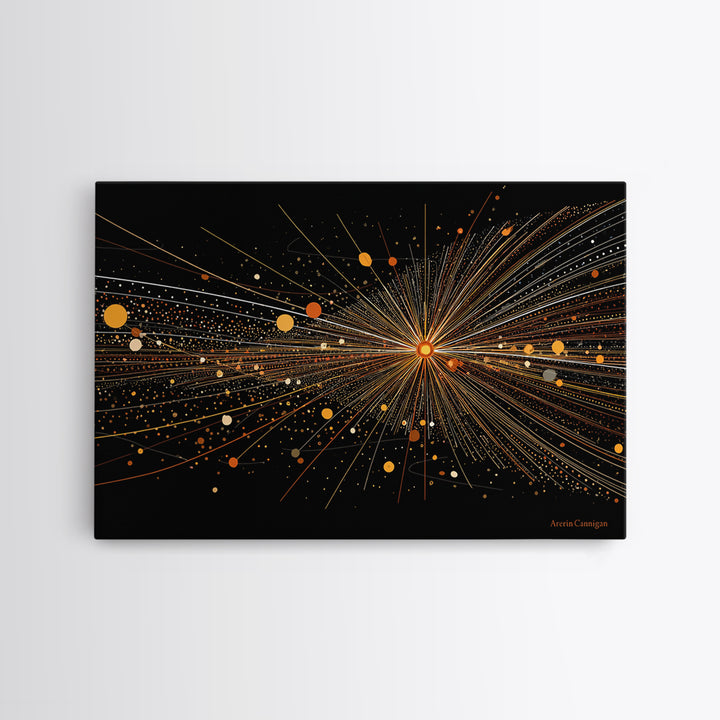 Golden Starburst Lines And Dots Canvas Print, Modern Abstract Art, Atomic Retro Wall Art Decor For Living Room Home Office