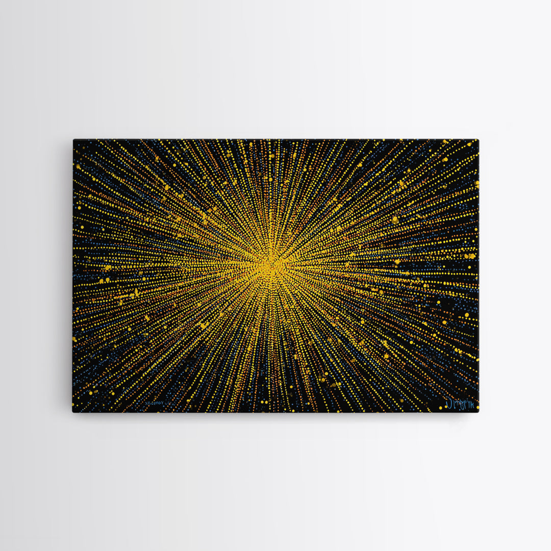 Radiant Yellow Dotted Starburst Canvas Print, Modern Abstract Art, Cosmic Retro Wall Art, Bold Geometric Decor For Home Office