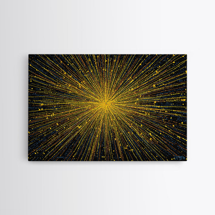 Radiant Yellow Dotted Starburst Canvas Print, Modern Abstract Art, Cosmic Retro Wall Art, Bold Geometric Decor For Home Office