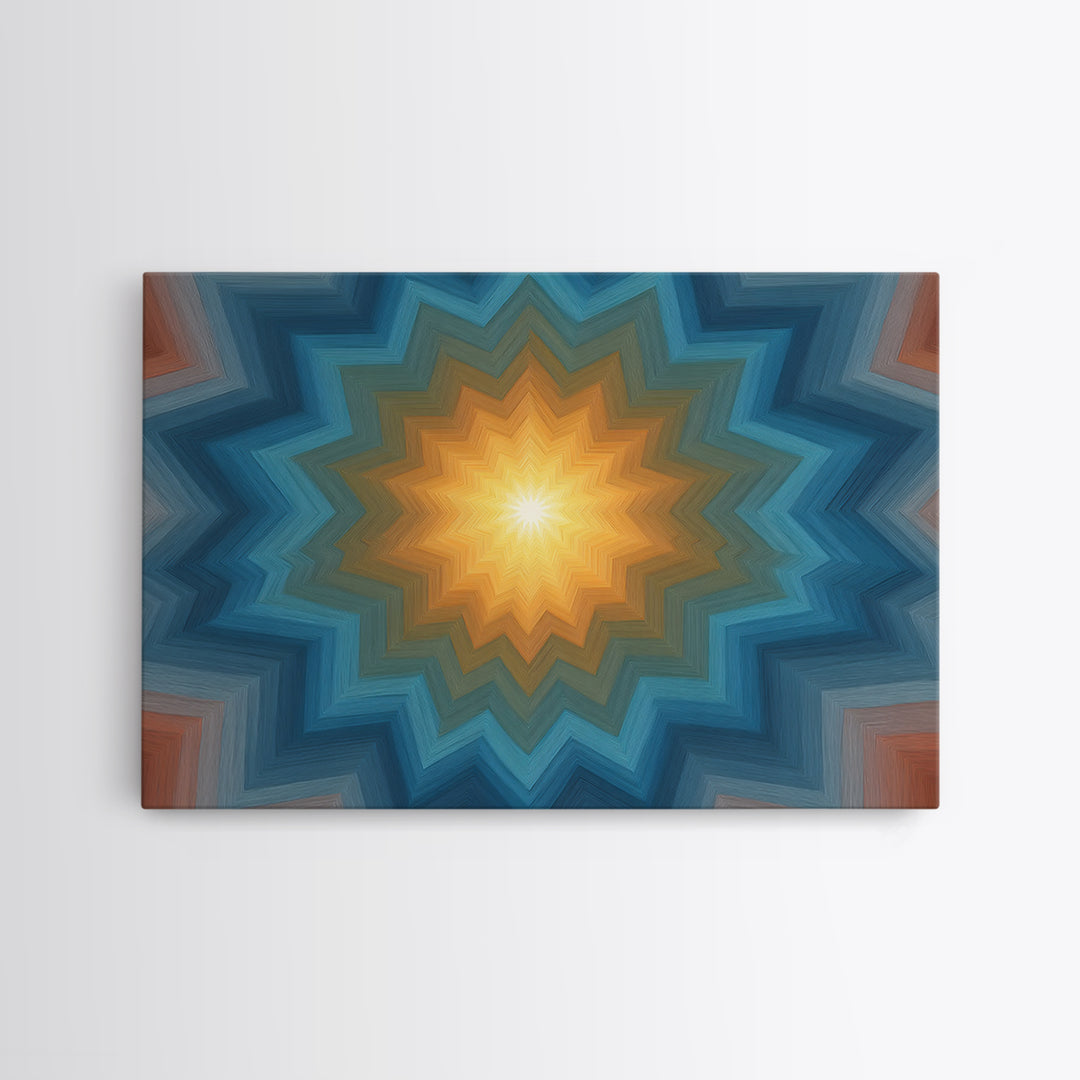 Teal And Orange Geometric Mandala Starburst Canvas Print, Midcentury Modern Wall Art, Atomic MCM Home Decor For Living Room