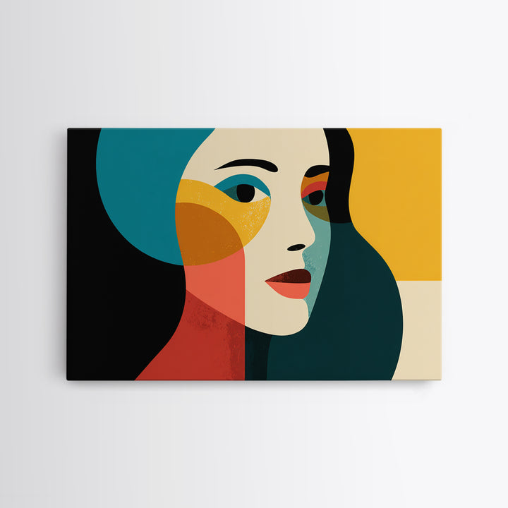 Geometric Minimal Woman Portrait Canvas Print, Midcentury Modern Wall Decor, Teal Orange Abstract Art, Retro MCM Home Decor