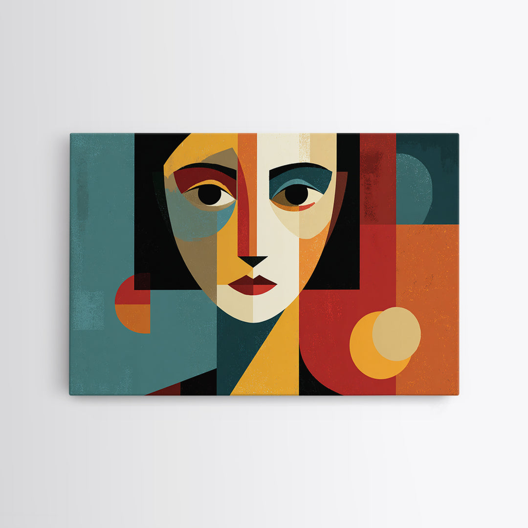 Cubist Geometric Woman Face Framed Canvas Print, Midcentury Modern Art, Bauhaus Poster, Color Block Living Room Wall Decor