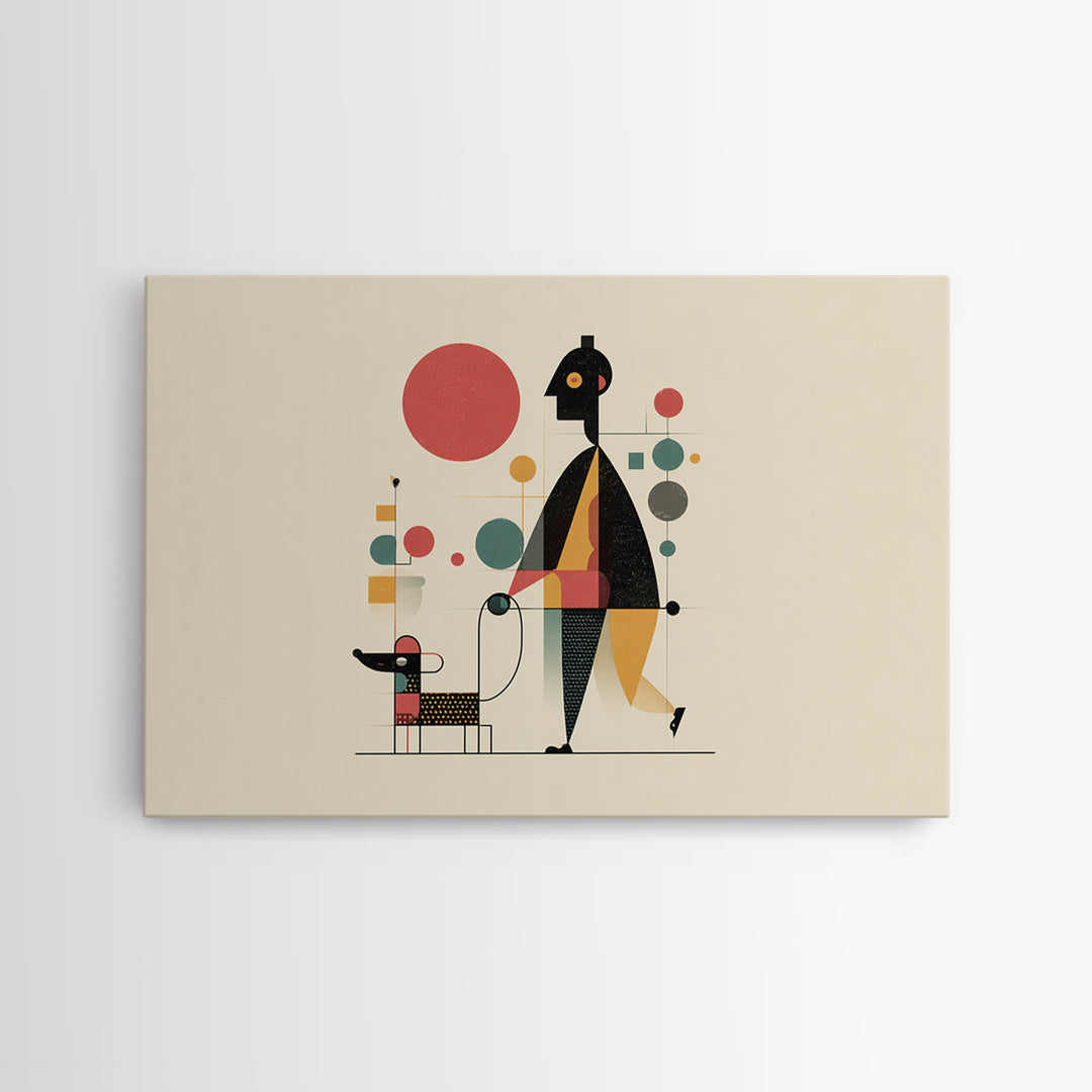 Whimsical Abstract Figure With Dog Canvas Print, Midcentury Modern Wall Art, Atomic Circles, Retro MCM Nursery Office Decor