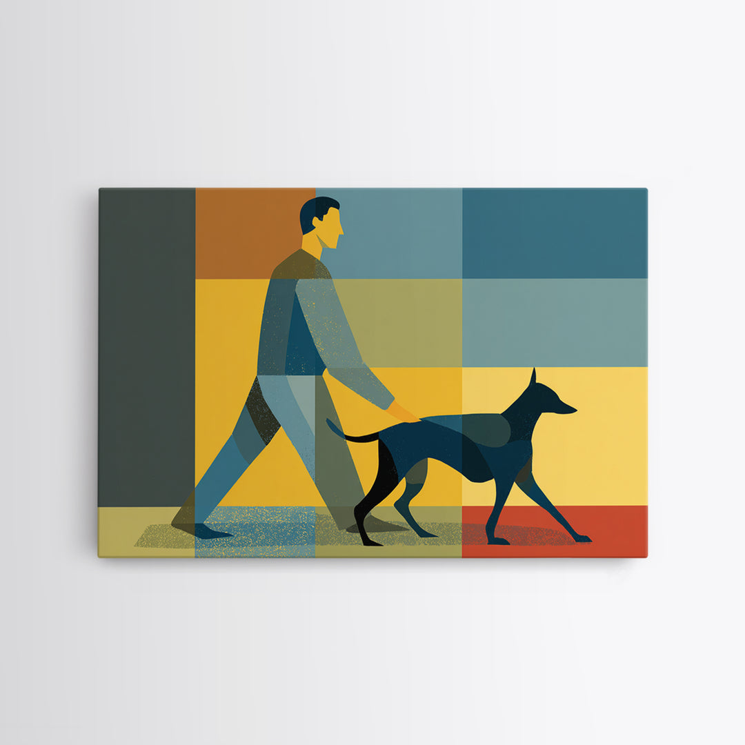 Man Walking Dog Color Block Wall Art, Midcentury Modern Print, Retro Geometric Poster, Blue Yellow Living Room Home Decor