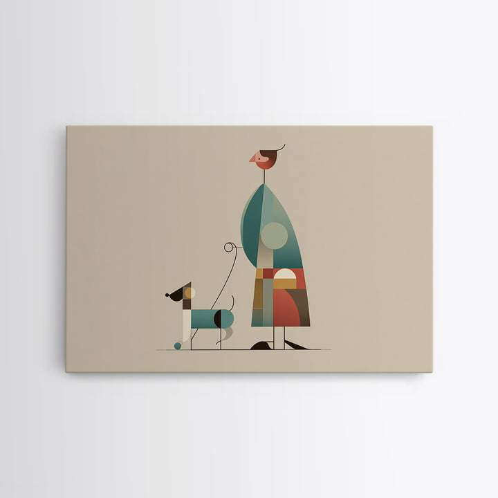 Minimalist Woman Walking Dog Canvas Print, Midcentury Modern Art, Scandinavian Retro Decor, Neutral Beige Gallery Wall Art