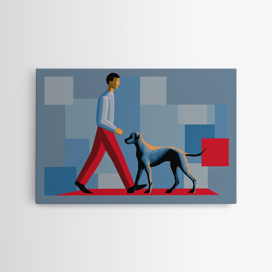 Stylish Man Walking Grey Dog Wall Art, Midcentury Modern Canvas Print, Blue Red Geometric Decor, Masculine Office Artwork