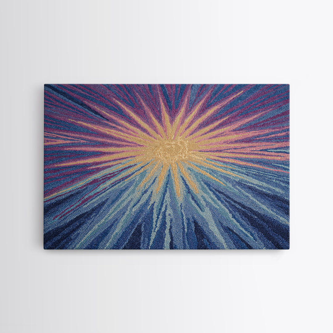 Blue Purple And Gold Radiant Sunburst Framed Canvas Print, Midcentury Modern Abstract Art, Textured Statement Wall Decor