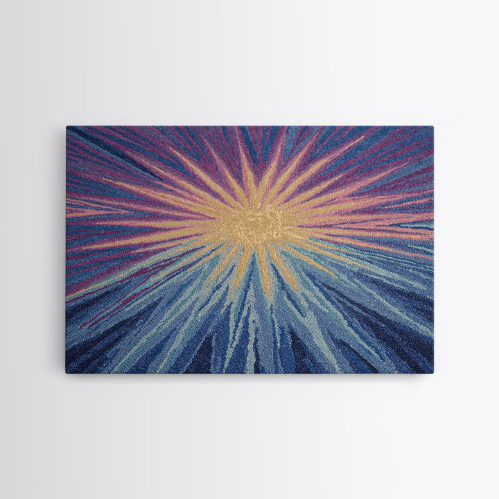 Blue Purple And Gold Radiant Sunburst Framed Canvas Print, Midcentury Modern Abstract Art, Textured Statement Wall Decor