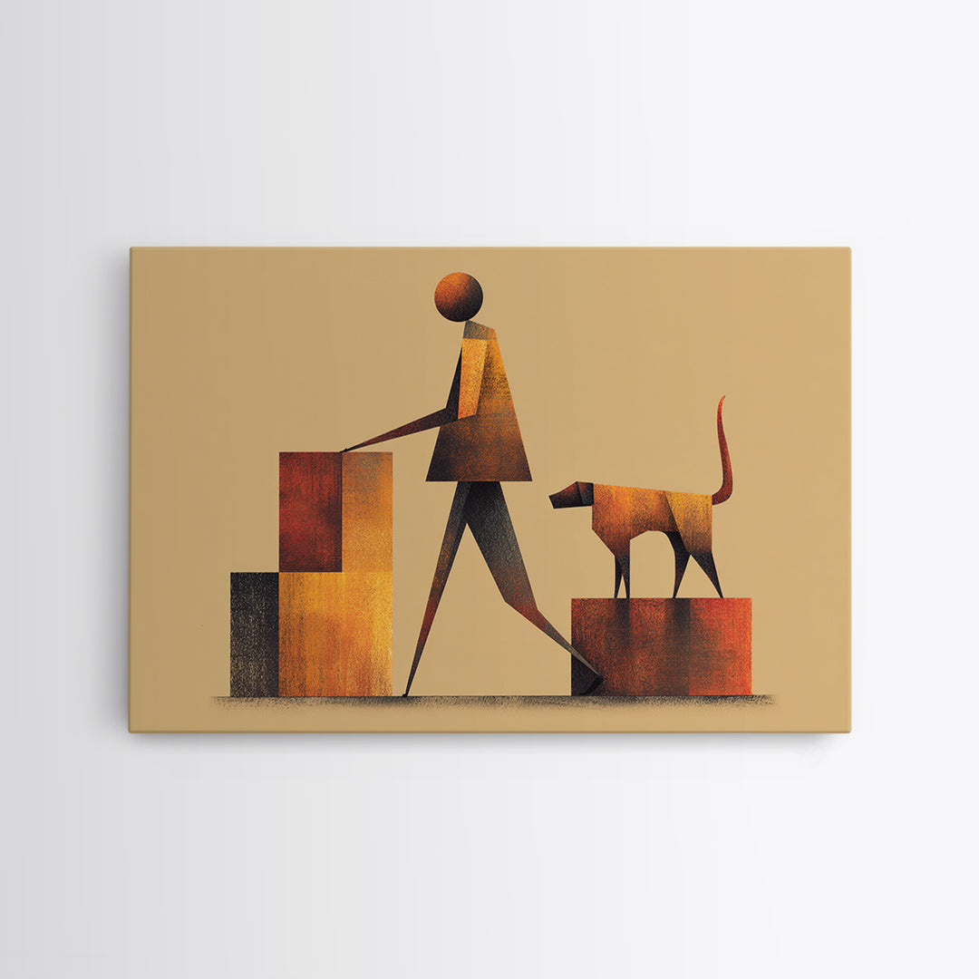 Stylized Figure With Dog On Steps Canvas Print, Midcentury Modern Wall Art, Warm Orange Brown Geometric Home Office Decor