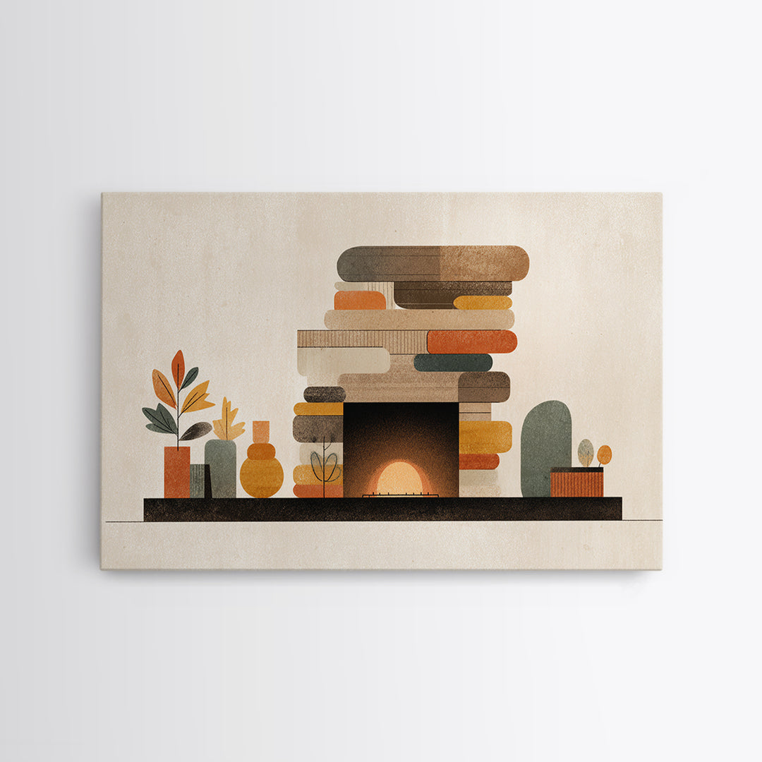 Cozy Midcentury Fireplace Wall Art, Warm Geometric Hearth Canvas Print, Retro MCM Home Decor For Living Room And Office Decor