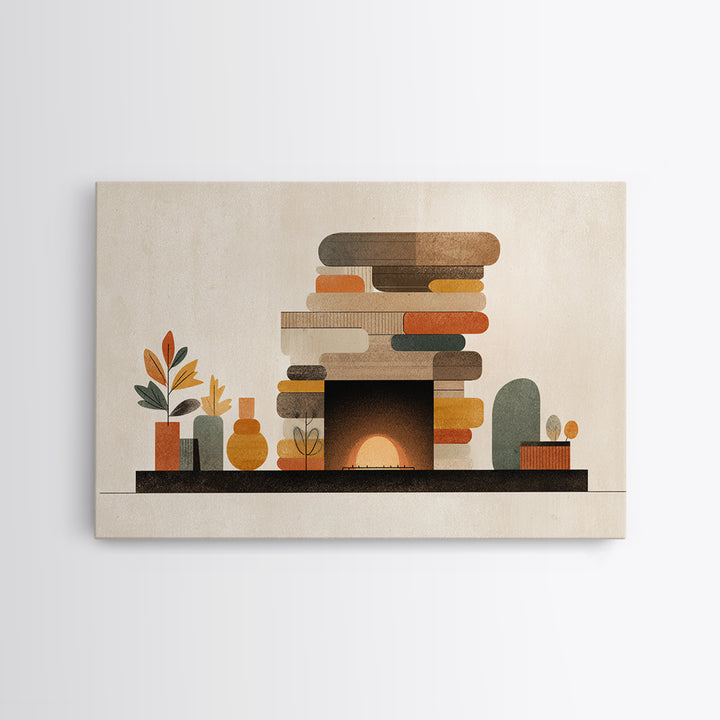 Cozy Midcentury Fireplace Wall Art, Warm Geometric Hearth Canvas Print, Retro MCM Home Decor For Living Room And Office Decor