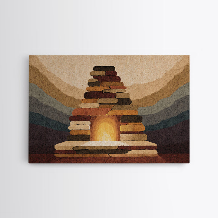 Rustic Stone Fireplace Wall Art, Mountain Lodge Midcentury Canvas Print, Warm Cabin Decor For Living Room Or Office Gallery
