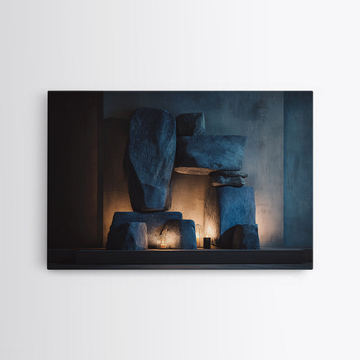 Blue Megalith Stone Sculpture Wall Art, Dramatic Modern Framed Canvas Print, Moody Minimalist Decor For Home Office Or Den