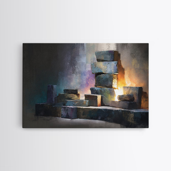 Stacked Stone Blocks Wall Art, Glowing Abstract Sculpture Canvas Print, Modern Contemporary Decor For Living Room Office