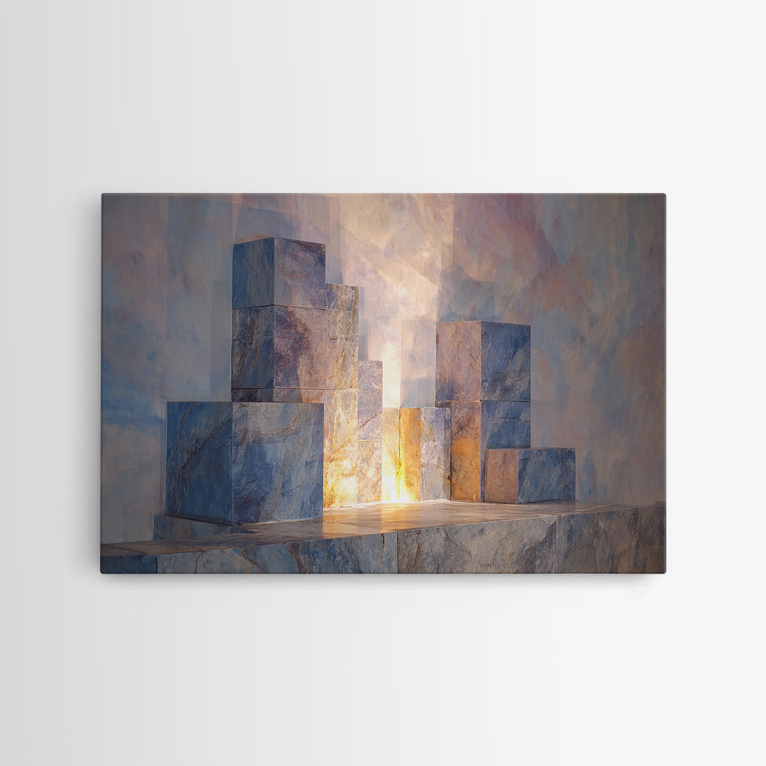 Pastel Marble Block City Wall Art, Luminous Geometric Framed Canvas Print, Modern Abstract Decor For Living Room Office Gallery