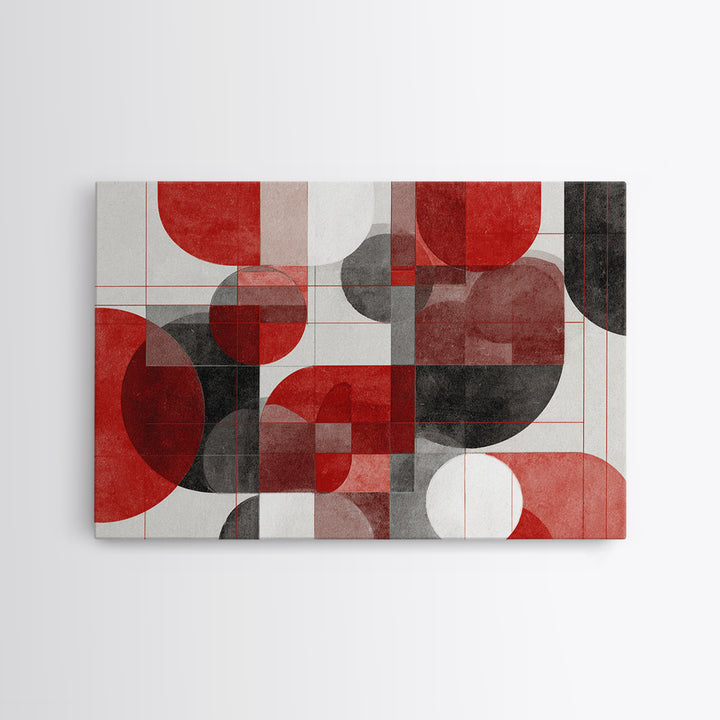 Red Black Geometric Circles Wall Art, Bauhaus Inspired Abstract Canvas Print, Modern MCM Decor For Living Room Office Gallery
