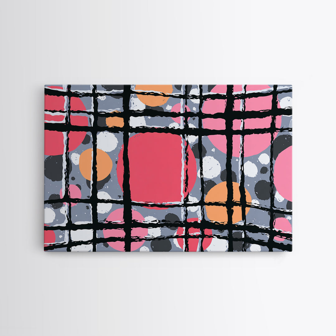 Pink Orange Wavy Grid Wall Art, Playful Abstract Circles Canvas Print, Retro Modern Geometric Decor For Dorm Office Or Studio