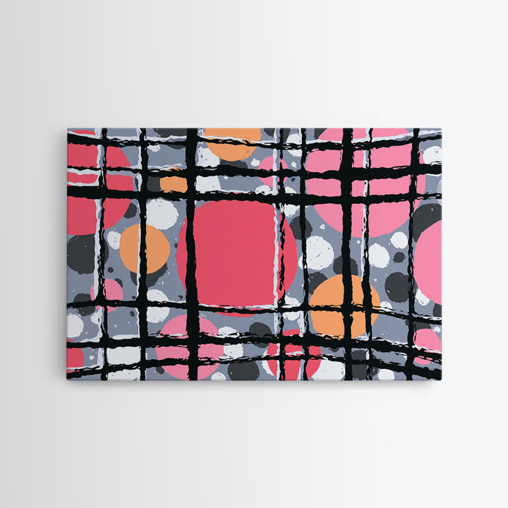 Pink Orange Wavy Grid Wall Art, Playful Abstract Circles Canvas Print, Retro Modern Geometric Decor For Dorm Office Or Studio