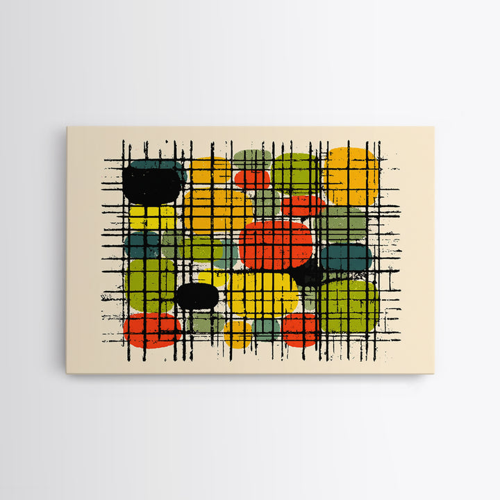 Colorful Grid Abstract Painting, Midcentury Modern Wall Art, Geometric Shapes Poster, Retro MCM Home Decor Canvas Print Gift