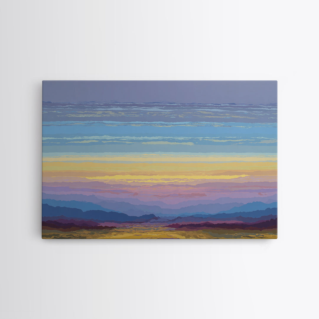 Pastel Mountain Sunset Landscape, Modern Wall Art, Scenic Nature Art Print, Serene Living Room Decor Framed Canvas Print
