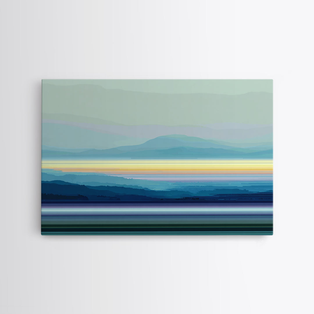 Misty Blue Mountain Lake Horizon, Modern Wall Art, Serene Landscape Art Print, Calm Bedroom Decor Framed Canvas Print Gift