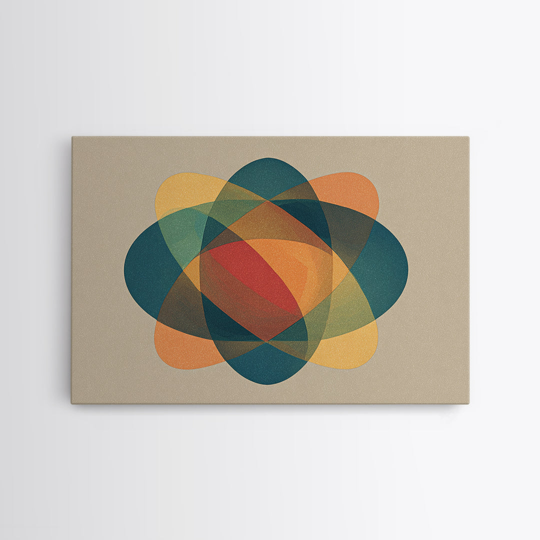 Translucent Atomic Orbit Abstract, Midcentury Modern Wall Art, Geometric Shapes Poster, Retro MCM Home Decor Canvas Print