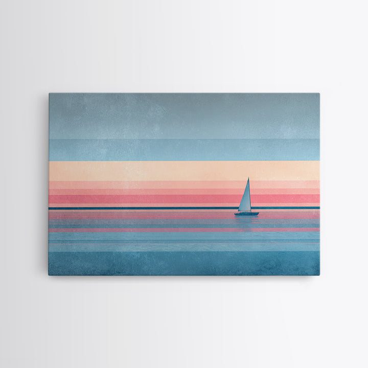 Pastel Sailboat Horizon Canvas Print, Coastal Wall Art, Minimalist Seascape, Retro Modern Decor For Beach House, Living Room Art