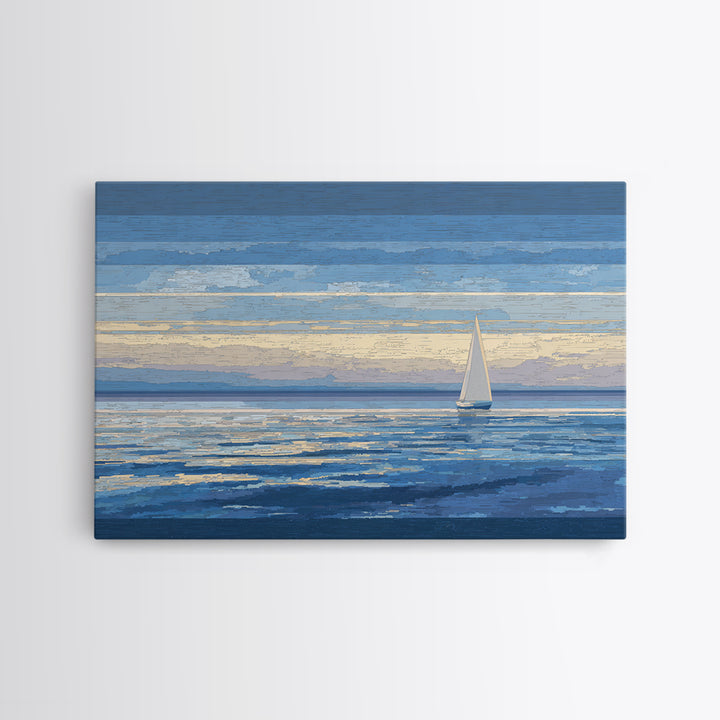 Blue Sailboat Seascape Framed Canvas Print, Coastal Wall Art, Ocean Landscape, Modern Home Decor For Living Room, Blue Wall Art