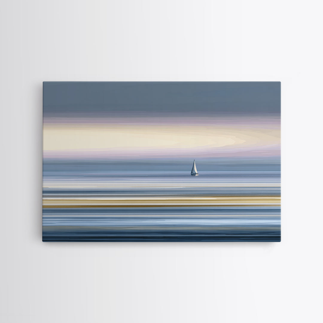 Minimal Sailboat At Dusk Canvas Print, Serene Coastal Wall Art, Pastel Ocean Horizon, Modern Bedroom Decor, Large Print Gift