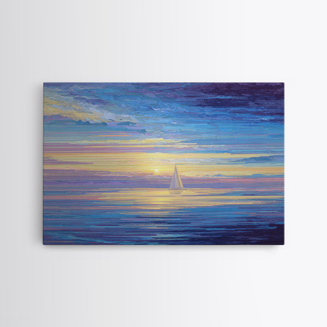 Sunset Sailboat Ocean Framed Canvas Print, Colorful Seascape Wall Art, Coastal Modern Decor, Blue Purple Living Room Art