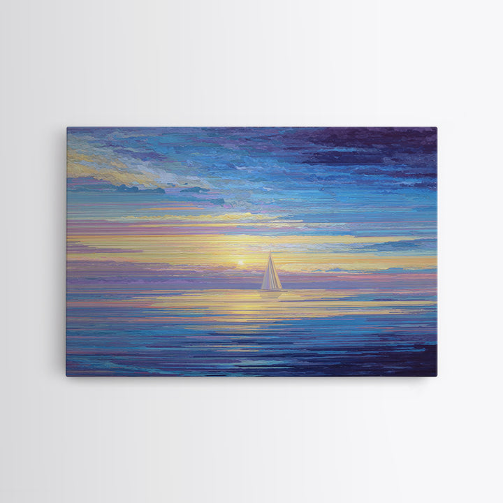 Sunset Sailboat Ocean Framed Canvas Print, Colorful Seascape Wall Art, Coastal Modern Decor, Blue Purple Living Room Art
