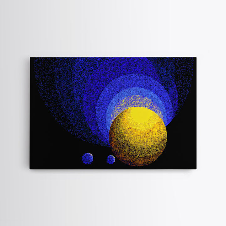 Blue Yellow Planet Spheres Wall Art, Cosmic Abstract Canvas Print, Modern Digital Art, Space Decor For Office Or Game Room