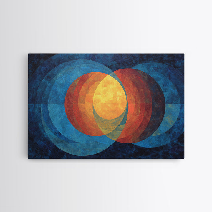 Blue Orange Overlapping Circles Wall Art, Midcentury Abstract Canvas Print, Modern Geometric Decor, Large Living Room Art