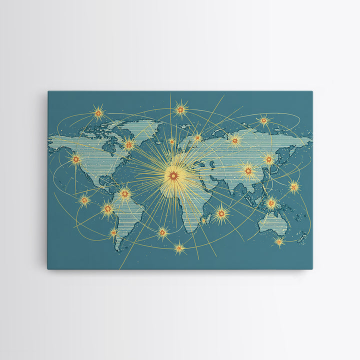 Retro World Map With Golden Network Lines Wall Art, Midcentury Modern Travel Poster, Atomic Office Decor For Global Home