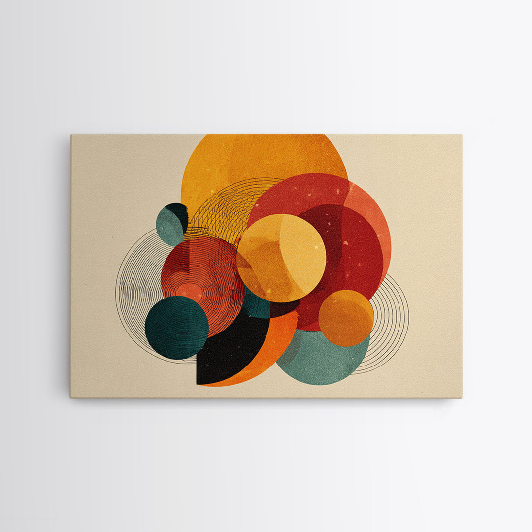 Orange Teal Circle Abstract Canvas Print, Midcentury Modern Wall Art, Bauhaus Geometric Poster, Warm Retro Home Decor Gift