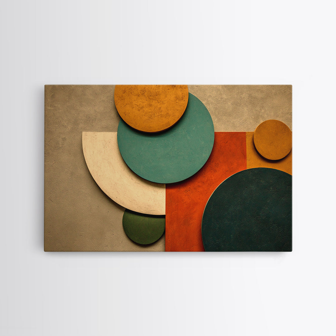 Earth Tone Circles And Rectangles Canvas Print, Midcentury Modern Abstract Art, Geometric Wall Art, Warm Boho Home Decor