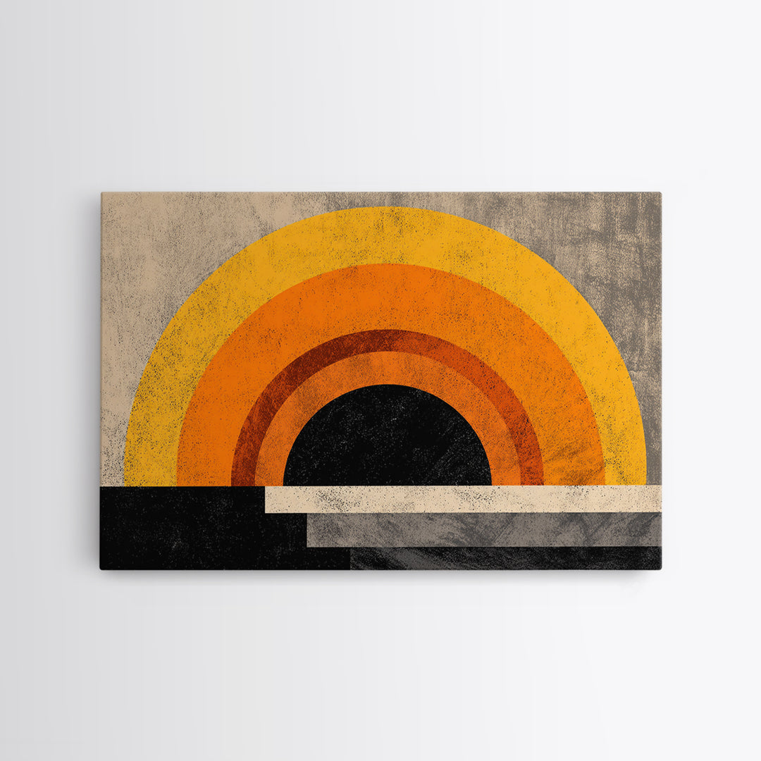 Orange Sun Rainbow Horizon Framed Canvas Print, Midcentury Sun Wall Art, Retro 70s Poster, Warm Modern Boho Living Room Home Decor