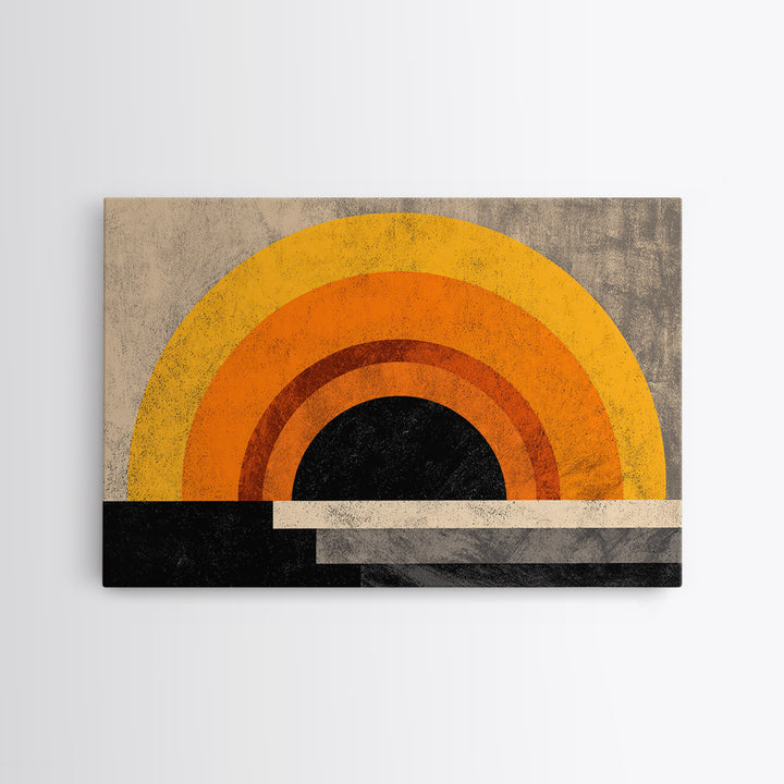 Orange Sun Rainbow Horizon Framed Canvas Print, Midcentury Sun Wall Art, Retro 70s Poster, Warm Modern Boho Living Room Home Decor