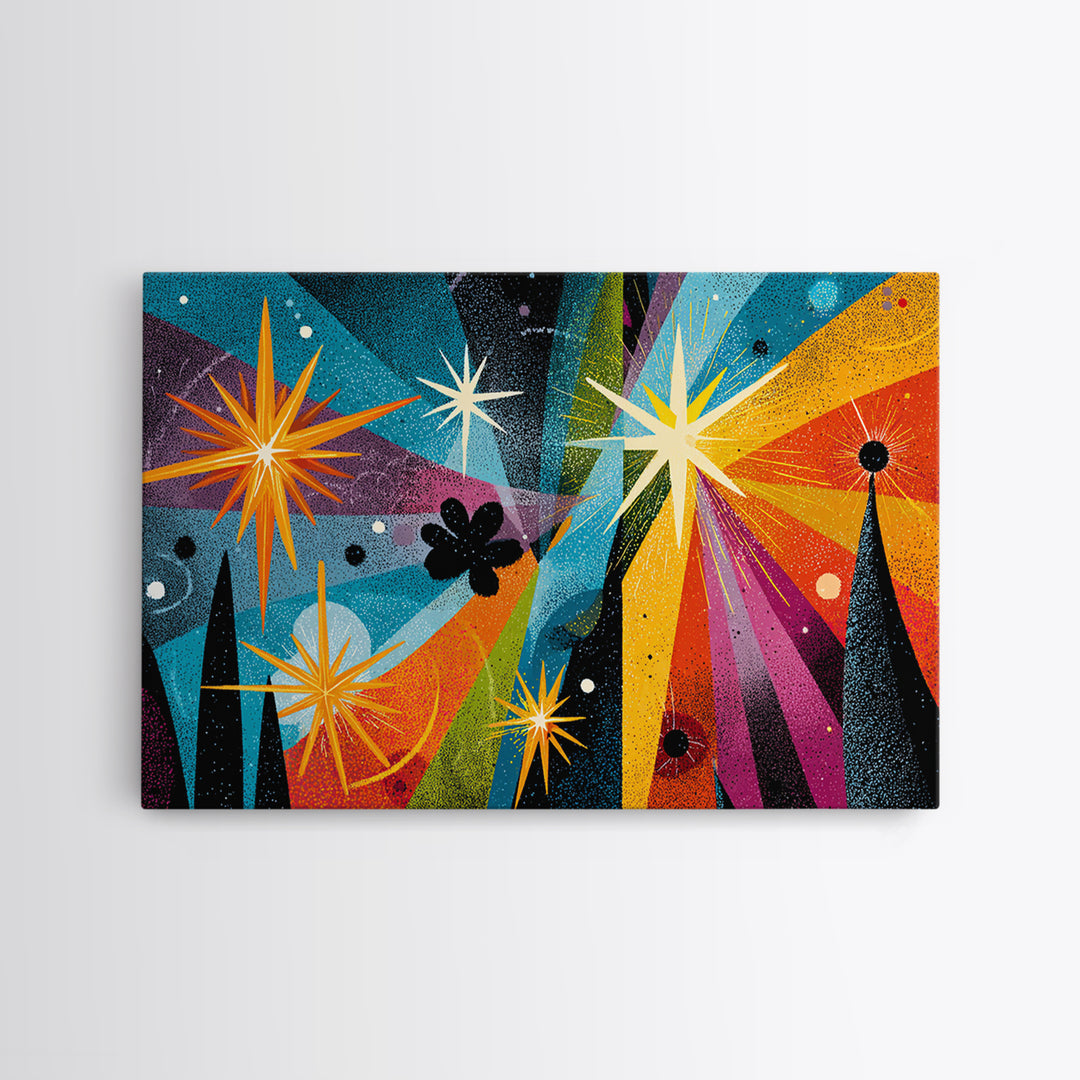 Colorful Atomic Starburst Night Wall Art, Midcentury Modern Art Print, Retro Space Abstract, Funky MCM Living Room Wall Decor