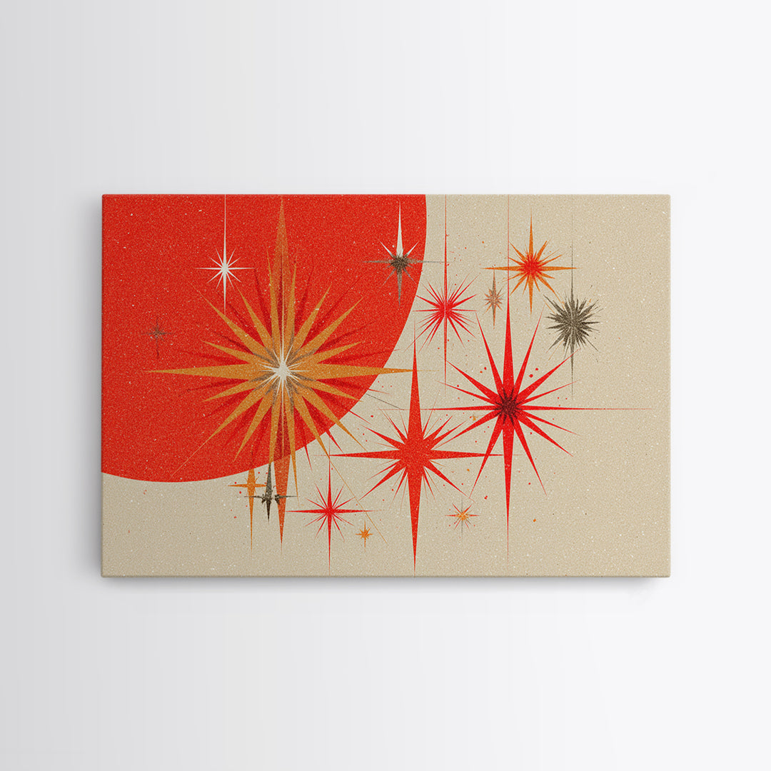 Red Orange Starbursts And Circle Wall Art, Midcentury Modern Abstract Art Print, Atomic Retro Poster, Minimal Home Decor
