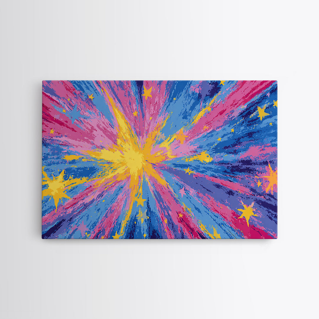 Pink Blue Yellow Star Explosion Canvas Print, Colorful Modern Wall Art, Retro Abstract Poster, Bright Kids Room Nursery Decor