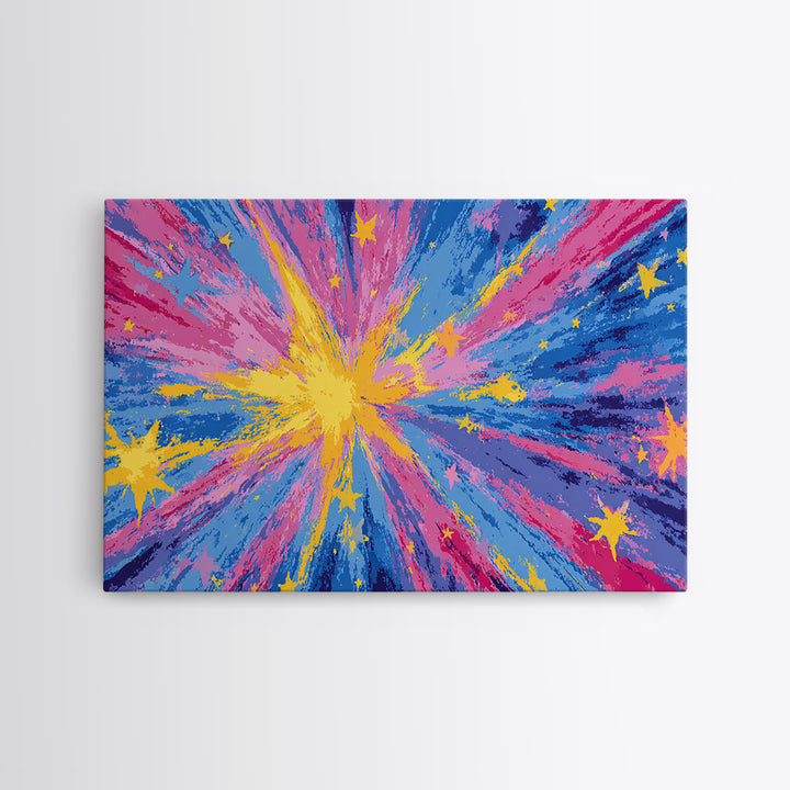 Pink Blue Yellow Star Explosion Canvas Print, Colorful Modern Wall Art, Retro Abstract Poster, Bright Kids Room Nursery Decor