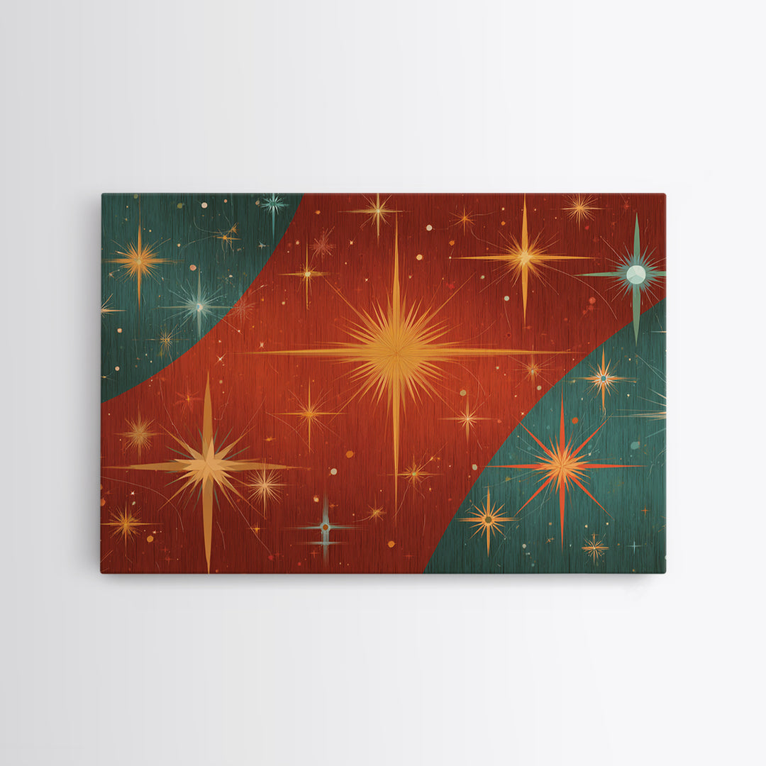 Red Teal Atomic Starburst Wall Art, Midcentury Modern Art Print, Retro Space Abstract, Warm MCM Living Room Statement Home Decor