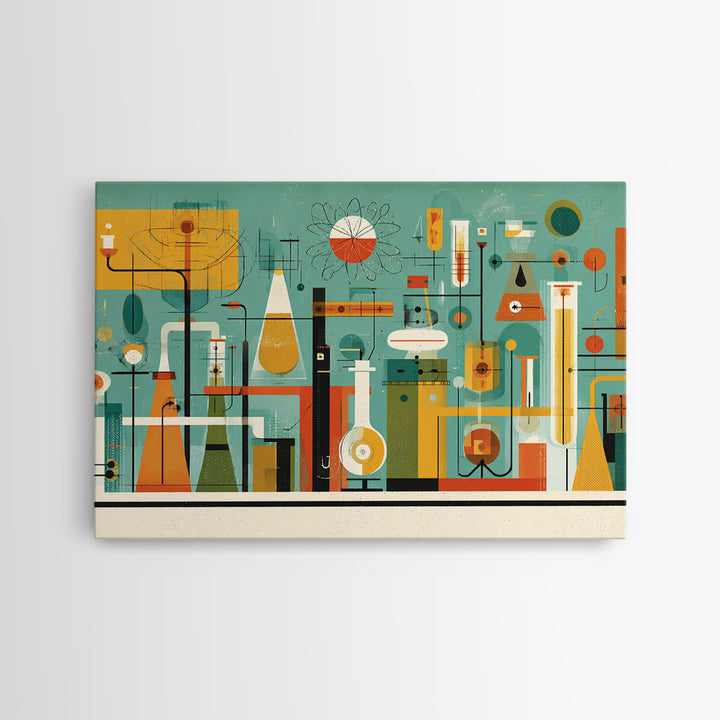 Retro Chemistry Lab With Beakers Wall Art, Midcentury Modern Science Print, Atomic Decor, Teal Orange Laboratory Artwork