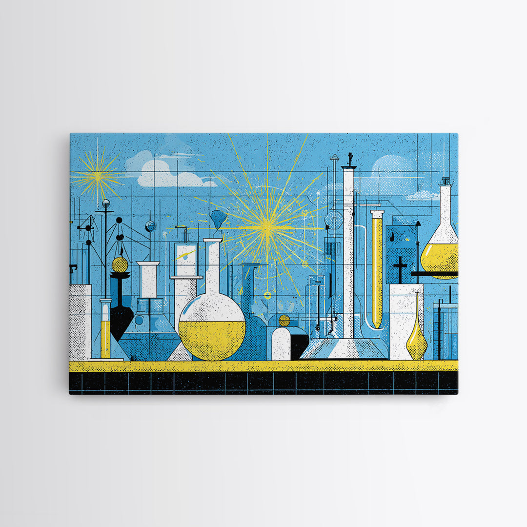 Blue Atomic Science Lab Canvas Print, Midcentury Modern Art, Yellow Sunburst Chemistry Decor, Retro Laboratory Wall Decor